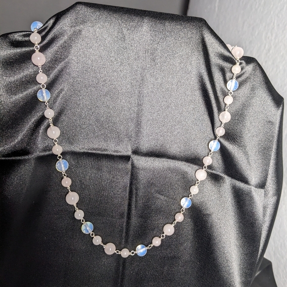 Moonstone Rose Quartz Crystal Necklace Handmade Artisan Silver Unique Natural - Picture 4 of 10